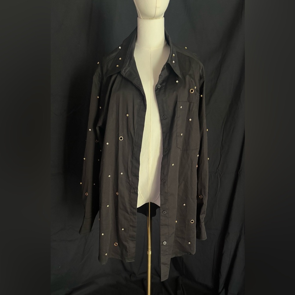 AKIRA Black Button Down Shirt with Gold Eyelets